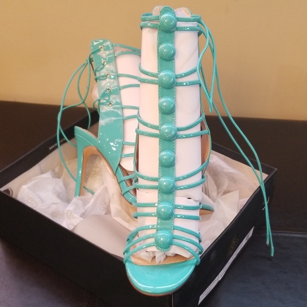 Mint tie-up sandal heels